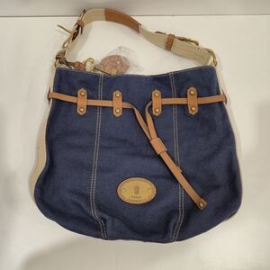 Fossil Denim Canvas Hobo Bag Y2K Blue Leather NWOT